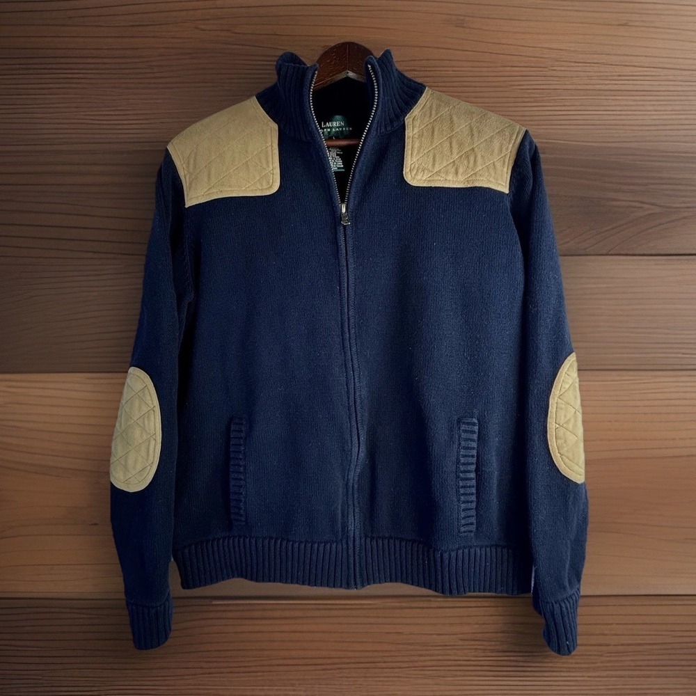 Vintage L Ralph Lauren Zip Black Cardigan Shooting Jacket Elbow Patches Cotton L